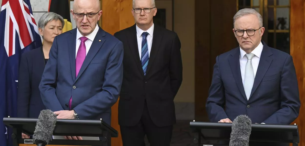 Australian Prime Minister Anthony Albanese, right, and Director-General of ASIO Mike Burgess speak to the media during a press conference at Parliament House in Canberra, Australia, Tuesday, Aug. 26, 2025. (Lukas Coch/AAP Image via AP) (Photo: Lukas Coch)