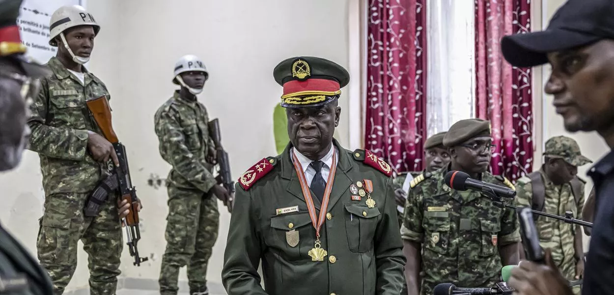 Guinea Bissau Army general Horta N'Ta looks on during the swearing in ceremony as the transition leader and the leader of the High Command in Bissau on November 27, 2025. Dozens of heavily armed soldiers were deployed at the scene. (Photo: Patrick Meinhardt/AFP)