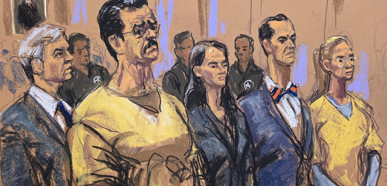 A courtroom sketch shows lawyer Barry Pollack (left to right), former Venezuelan President Nicolás Maduro, lawyers Anna Estevao and Mark Donnelly, and Maduro’s wife, Cilia Flores, standing in the Federal Court in Manhattan. (Photo: Jane Rosenberg)