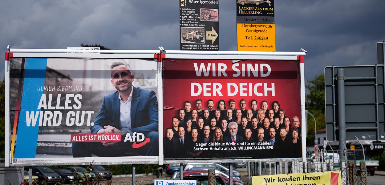 Election posters for Ulrich Siegmund, the top candidate for the "Alternative for Germany" (AfD), and Armin Willingmann, top candidate of Social Democratic Party (SPD) party in the state elections in Saxony-Anhalt, are pictured in Wernigerode. (Photo: Matthias Schrader/AP Photo)